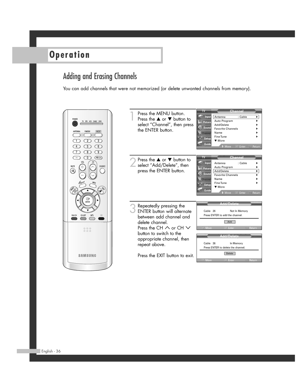 Samsung SP50L7HD manual Adding and Erasing Channels, Add/Delete 