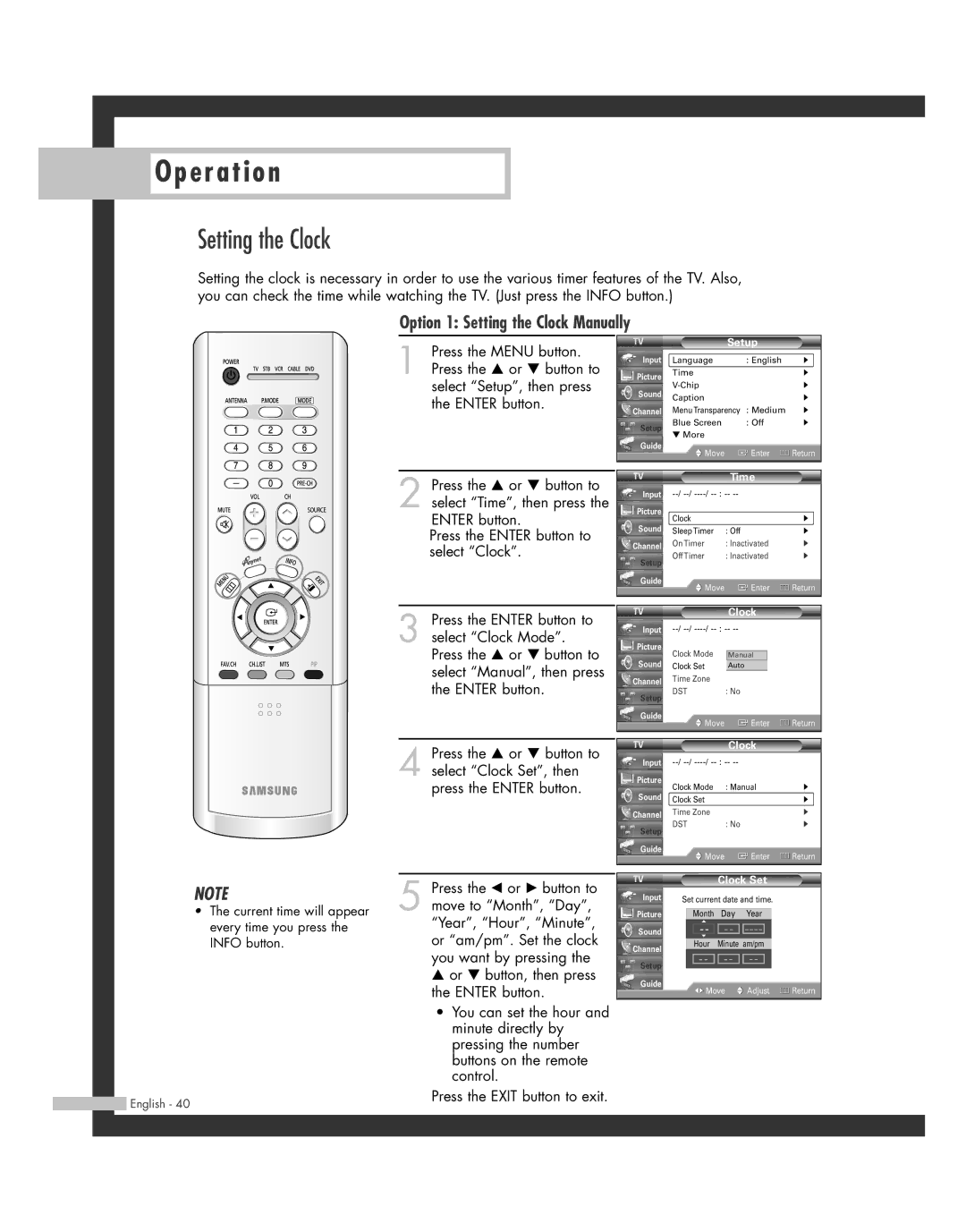 Samsung SP50L7HD manual Option 1 Setting the Clock Manually, Time, Clock Set 