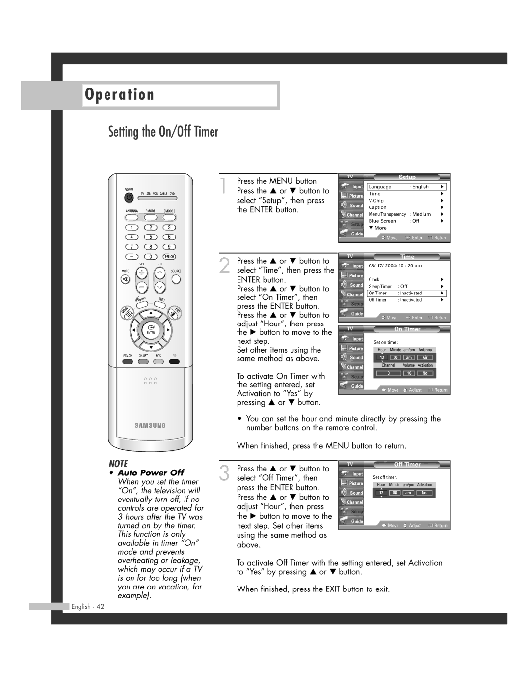 Samsung SP50L7HD manual Setting the On/Off Timer, On Timer 