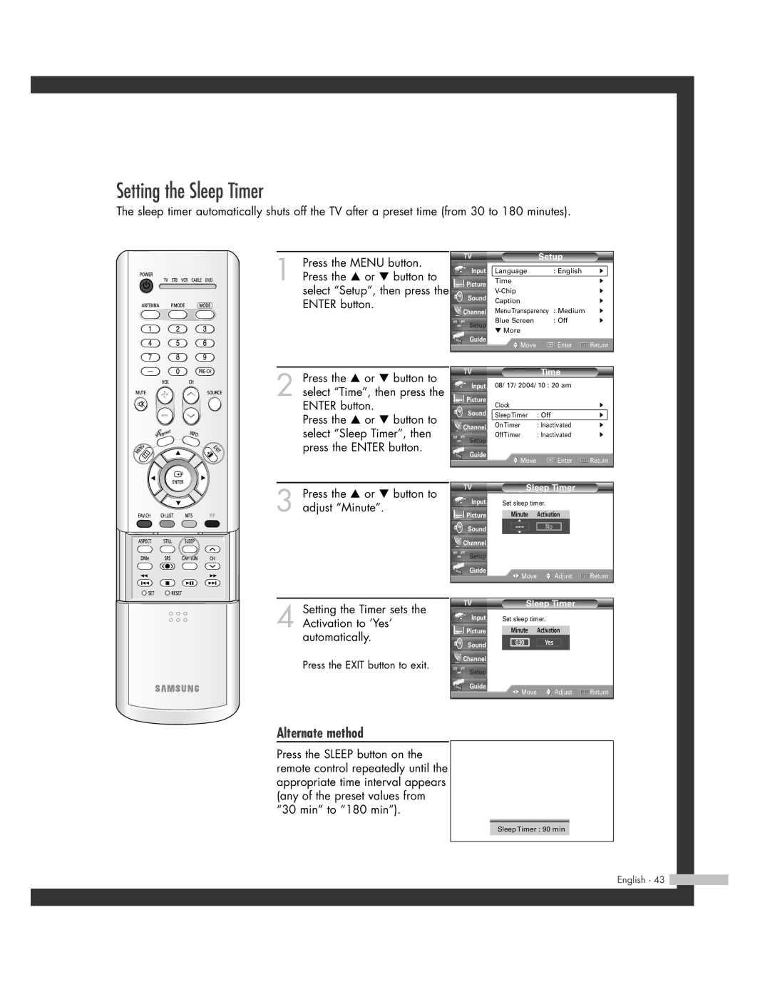 Samsung SP50L7HD manual Setting the Sleep Timer, Alternate method 