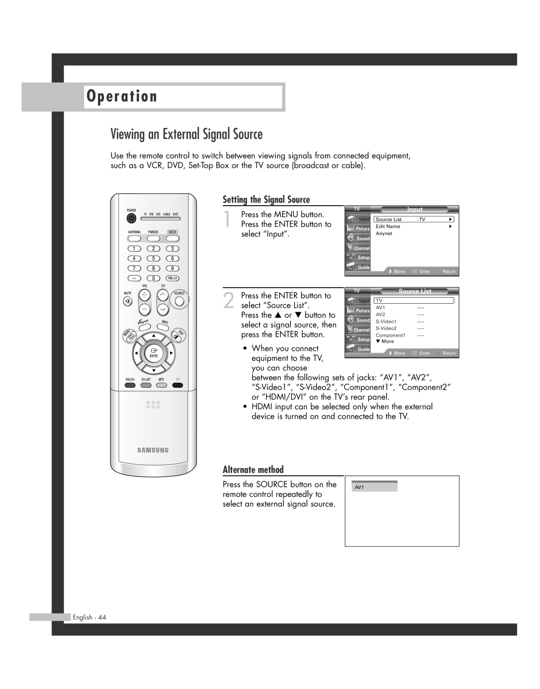 Samsung SP50L7HD manual Viewing an External Signal Source, Setting the Signal Source, Source List 