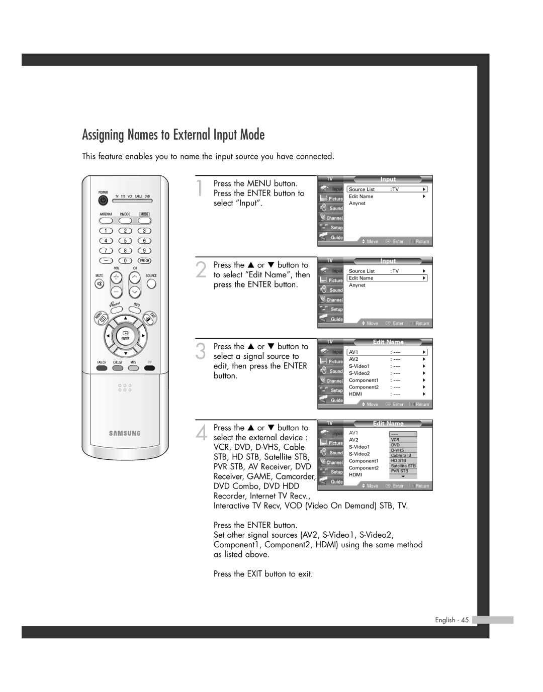 Samsung SP50L7HD manual Assigning Names to External Input Mode, Edit Name 