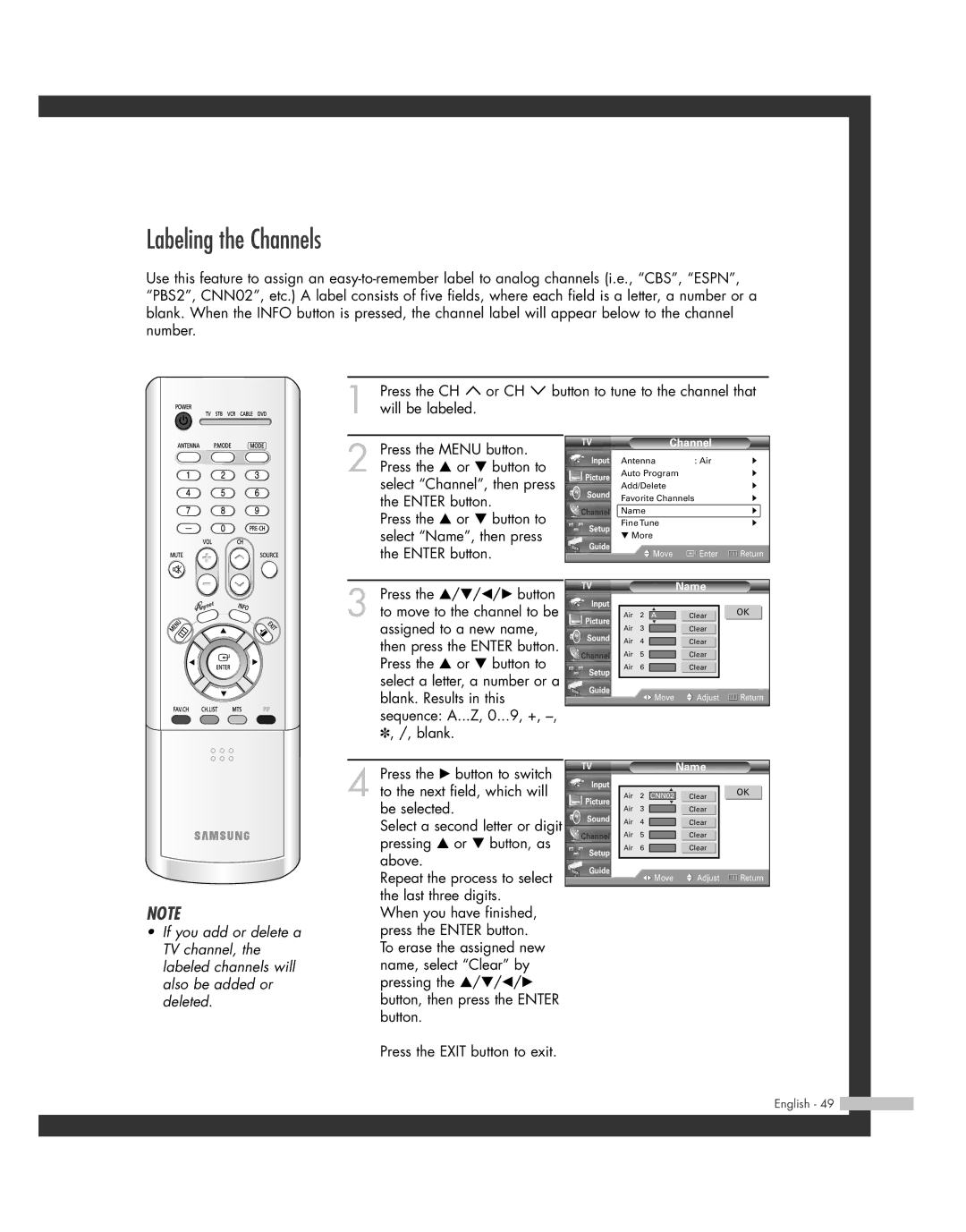 Samsung SP50L7HD manual Labeling the Channels, Name 