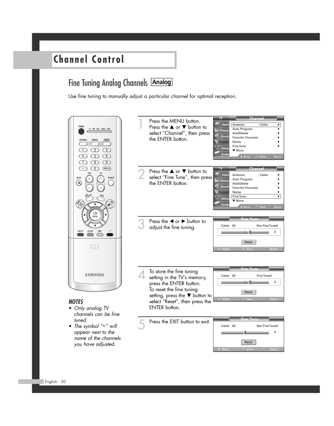 Samsung SP50L7HD manual Analog, Fine Tune 