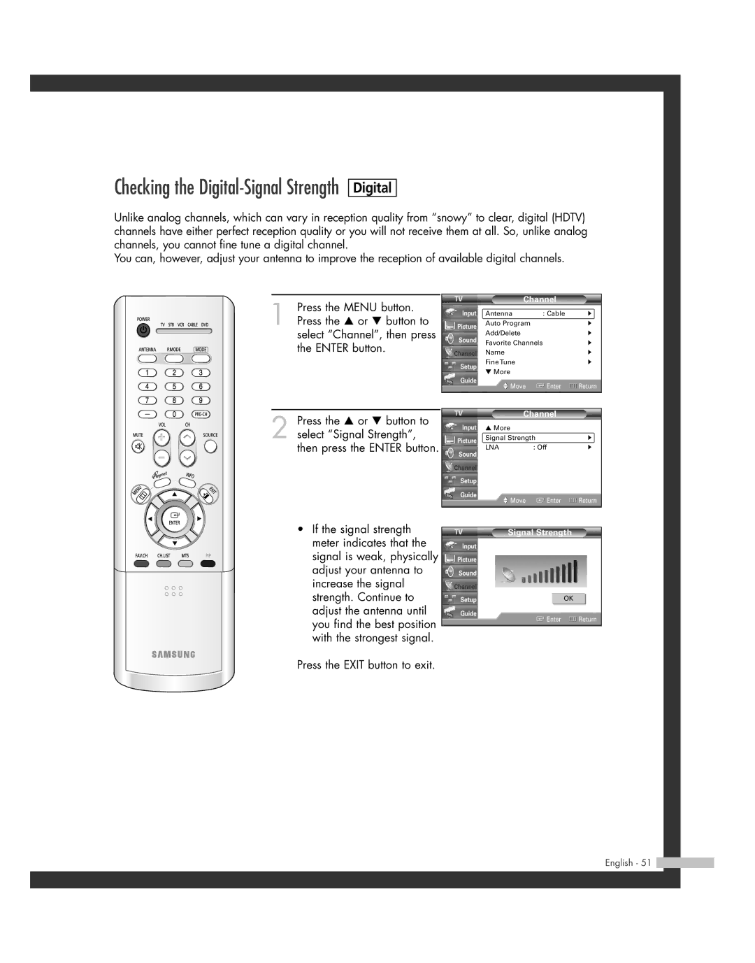 Samsung SP50L7HD manual Digital, Signal Strength 