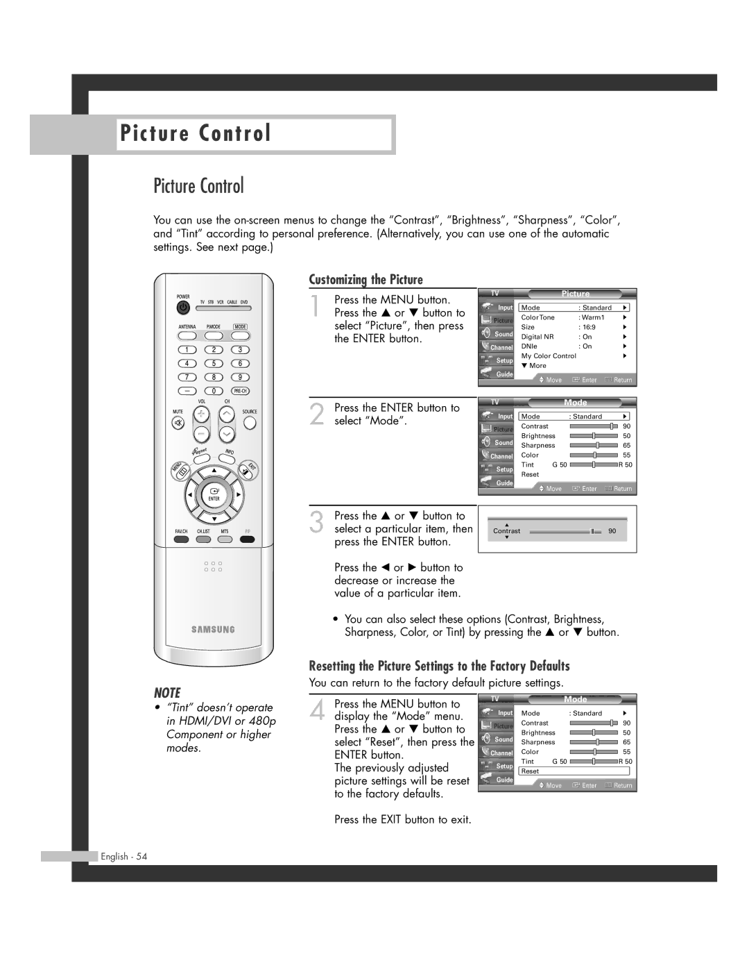 Samsung SP50L7HD Picture Control, Customizing the Picture, Resetting the Picture Settings to the Factory Defaults, Mode 