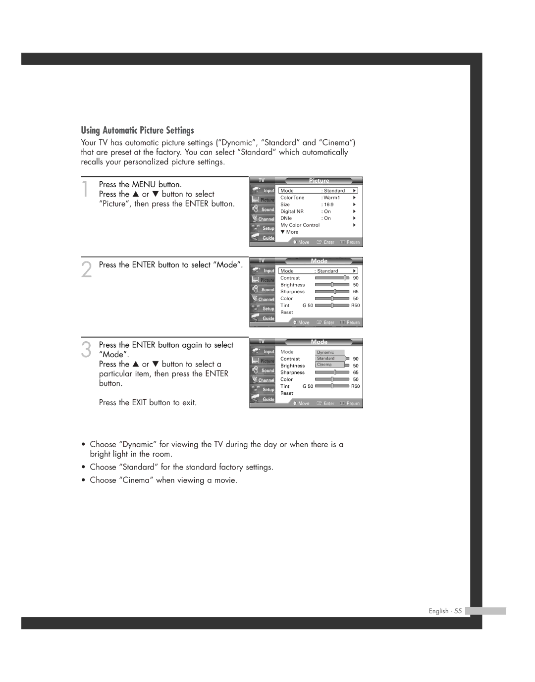 Samsung SP50L7HD manual Using Automatic Picture Settings 