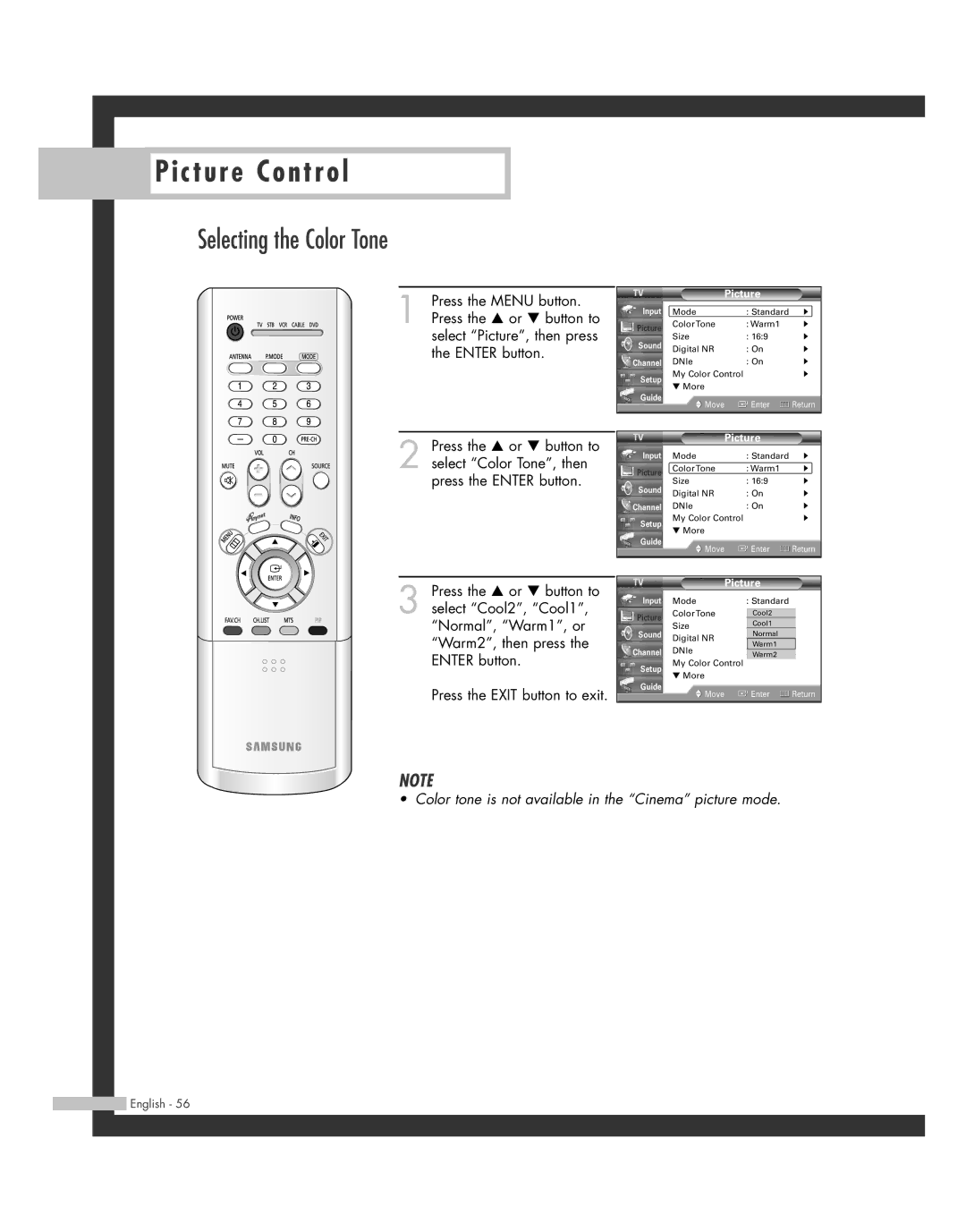 Samsung SP50L7HD manual Selecting the Color Tone 