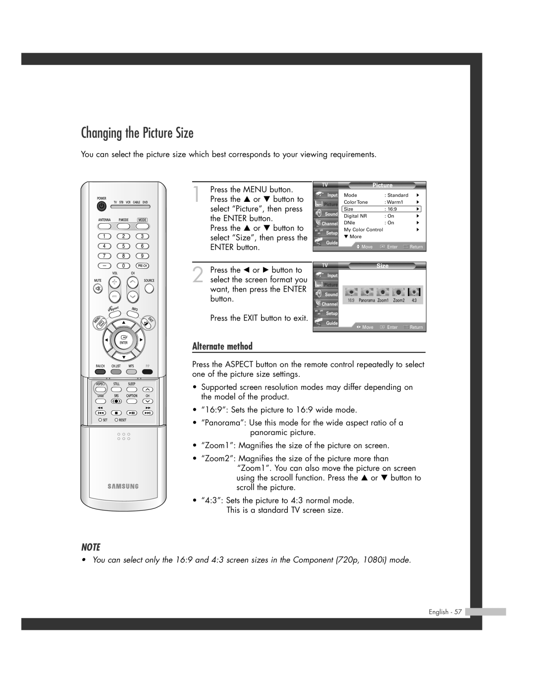 Samsung SP50L7HD manual Changing the Picture Size 