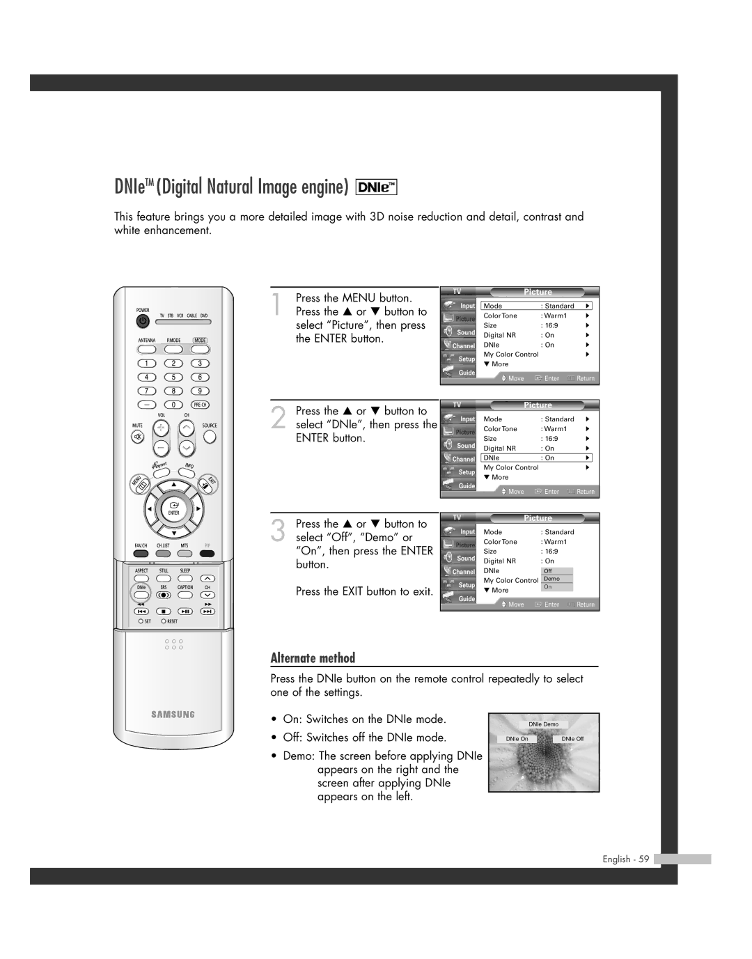 Samsung SP50L7HD manual DNIeTM Digital Natural Image engine 