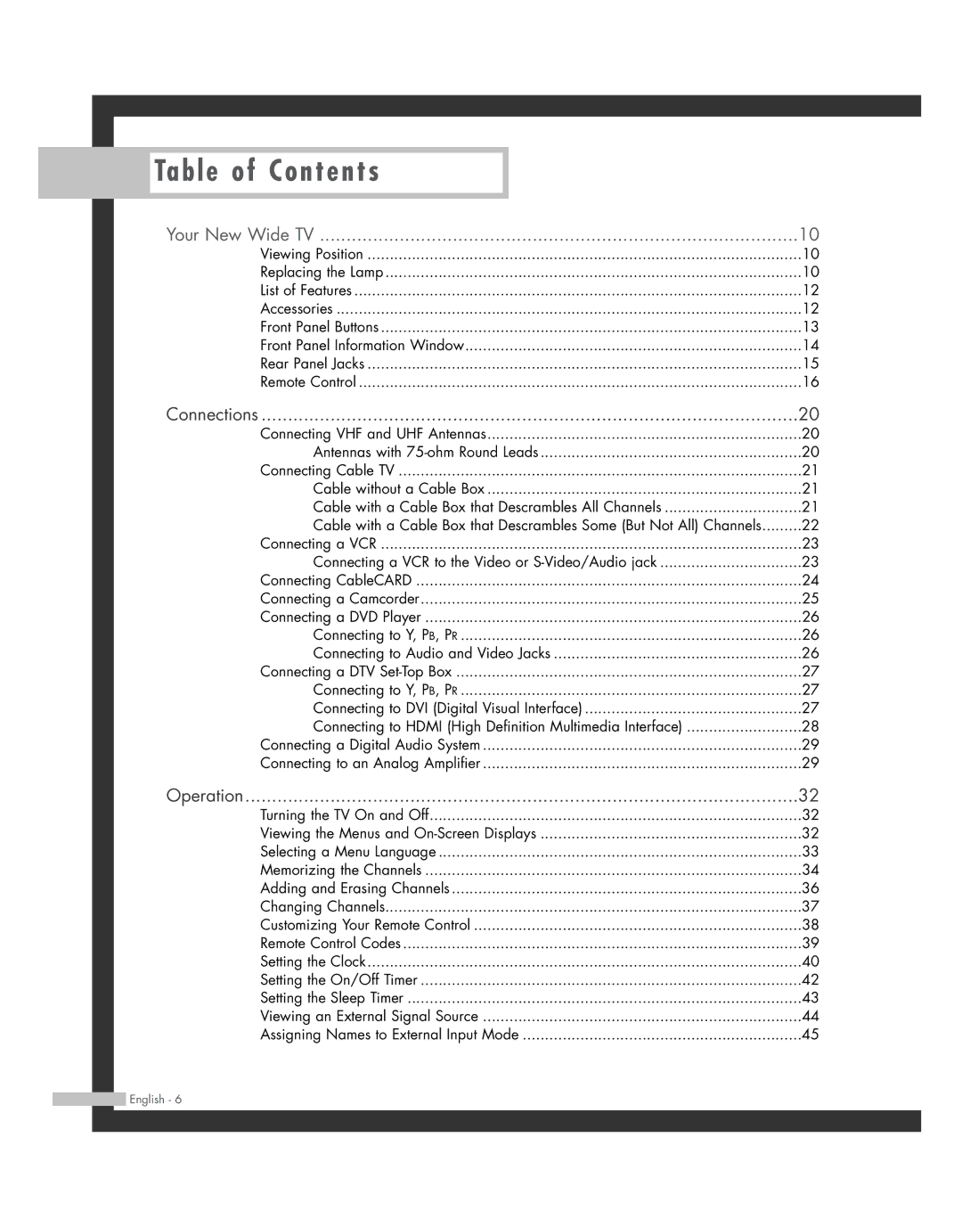 Samsung SP50L7HD manual Table of Contents 