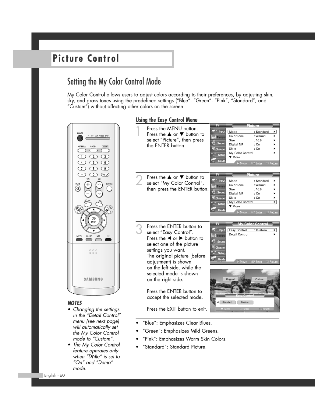 Samsung SP50L7HD manual Setting the My Color Control Mode, Using the Easy Control Menu 