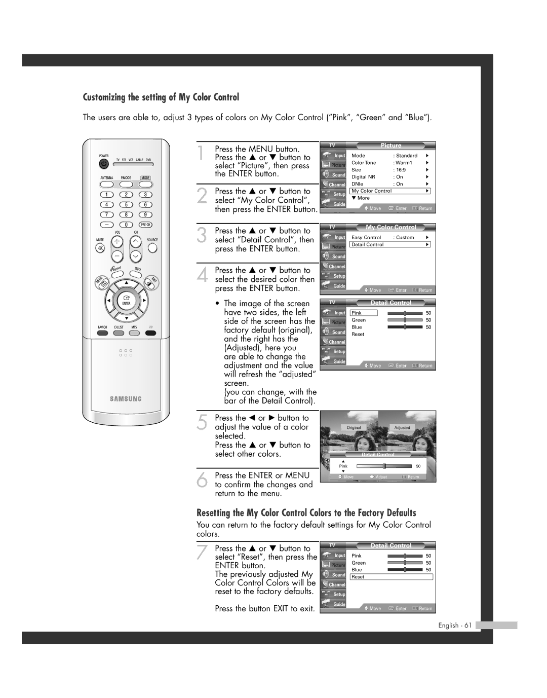 Samsung SP50L7HD manual Customizing the setting of My Color Control, Detail Control 