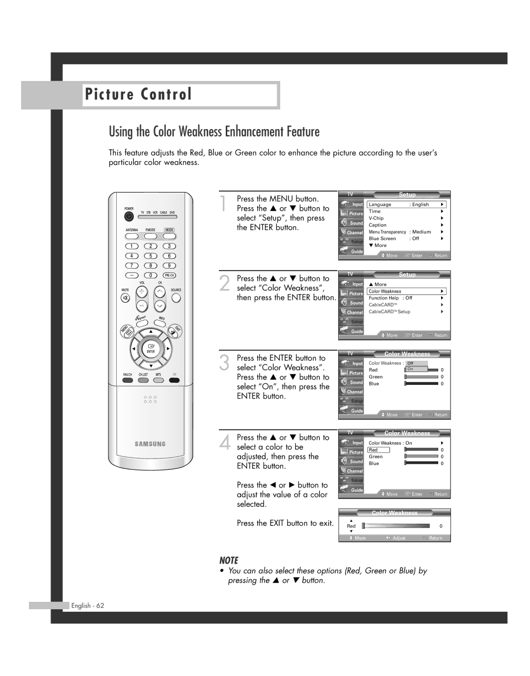 Samsung SP50L7HD manual Using the Color Weakness Enhancement Feature 