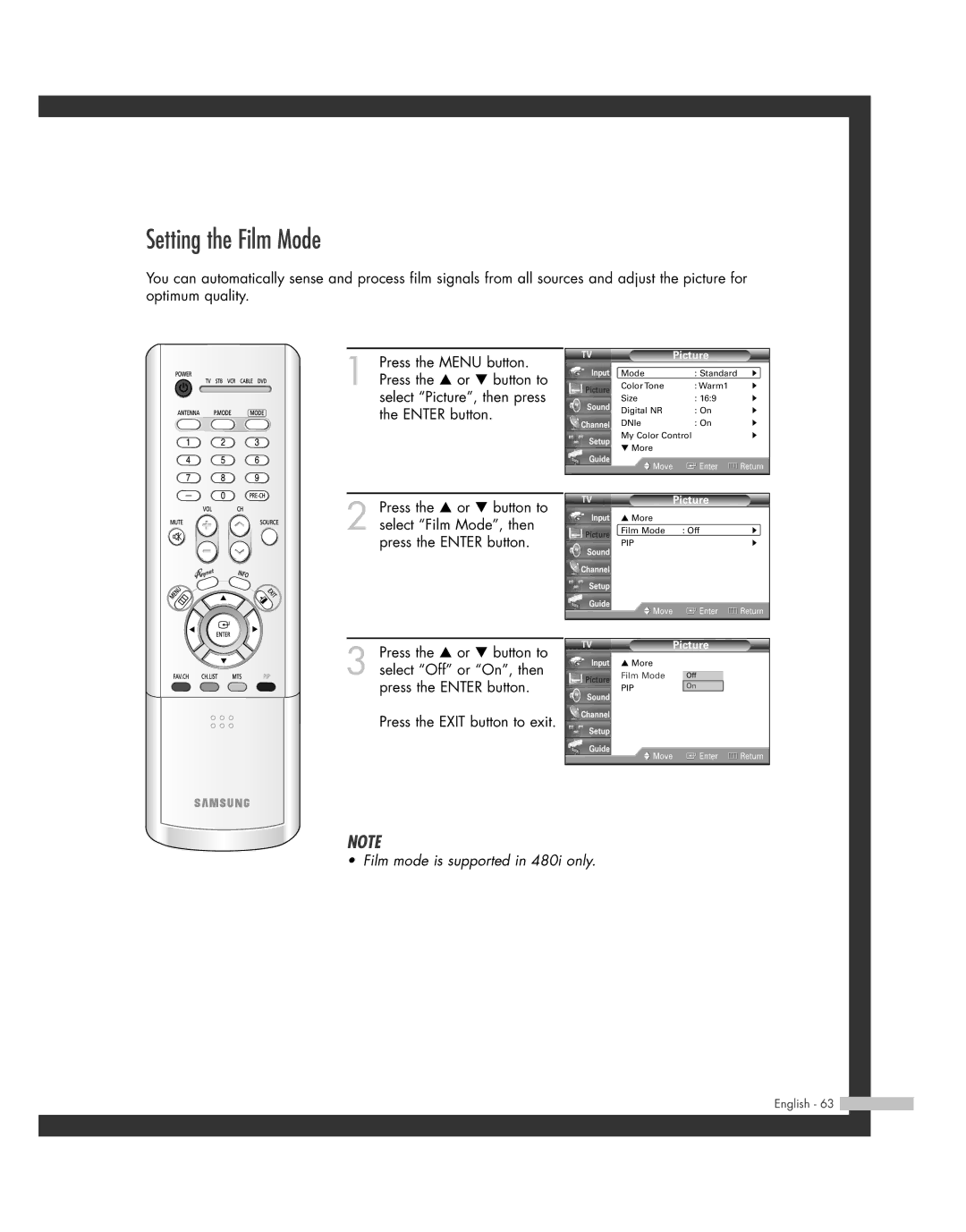 Samsung SP50L7HD manual Setting the Film Mode 