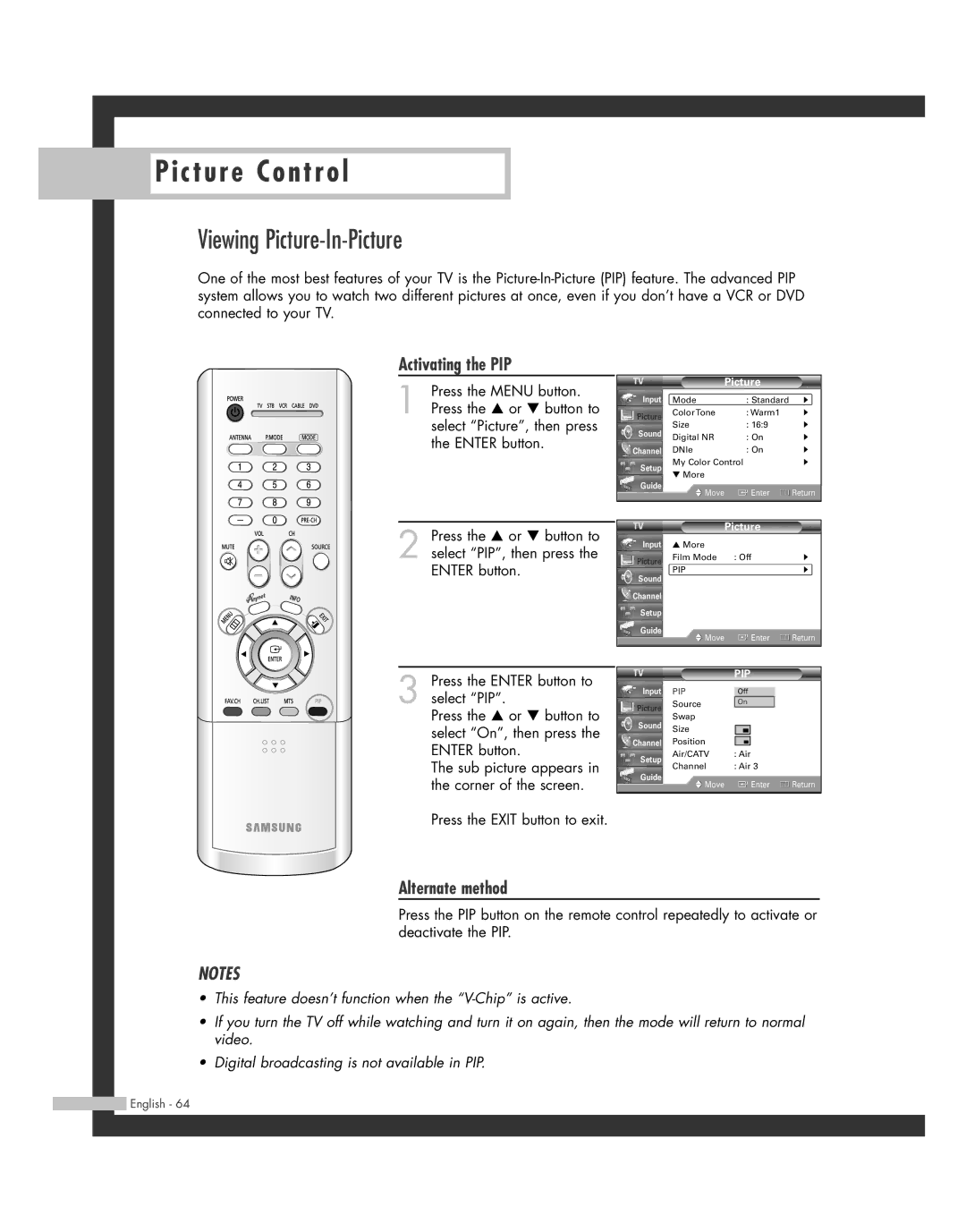 Samsung SP50L7HD manual Viewing Picture-In-Picture, Activating the PIP 