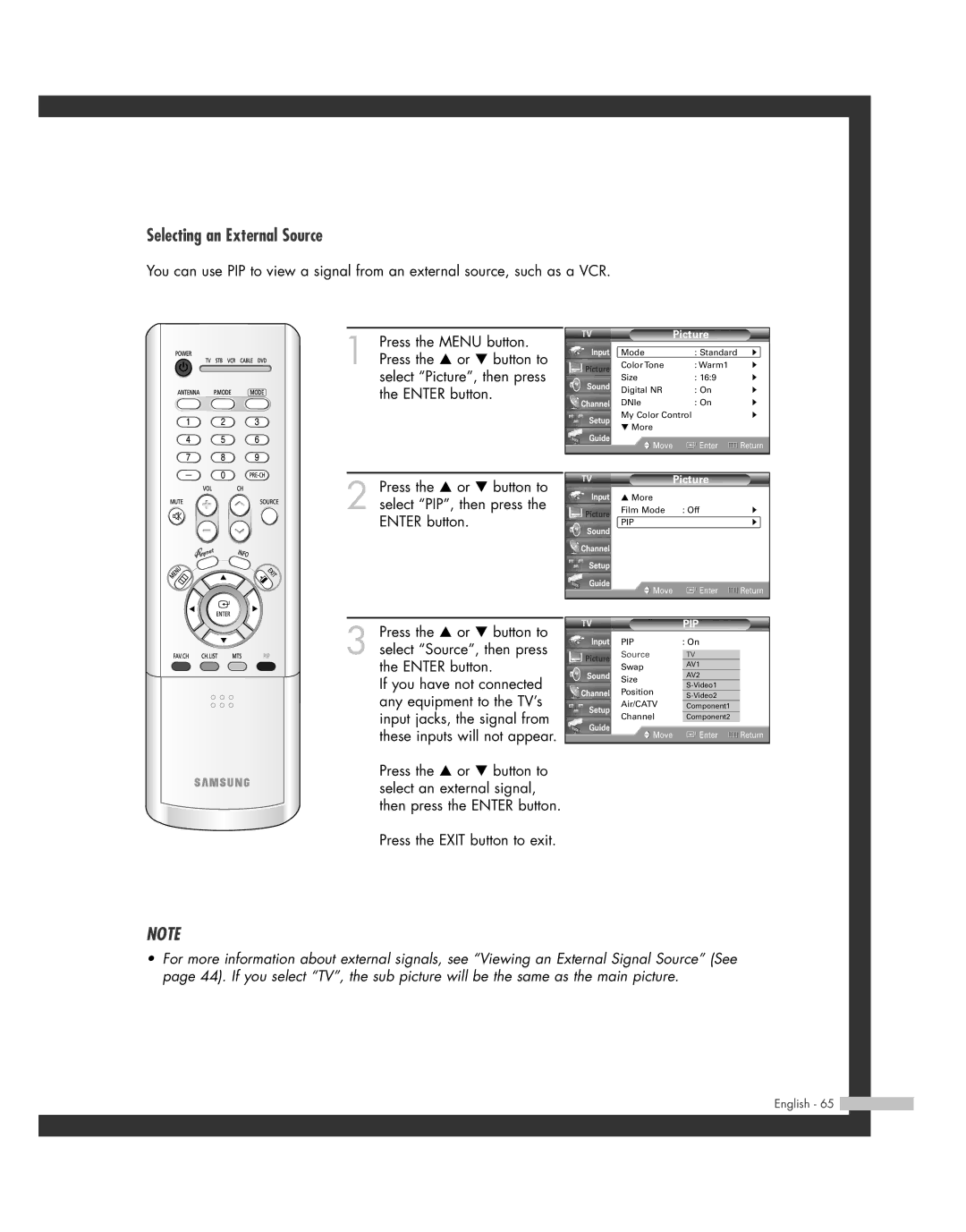 Samsung SP50L7HD manual Selecting an External Source, Pip 