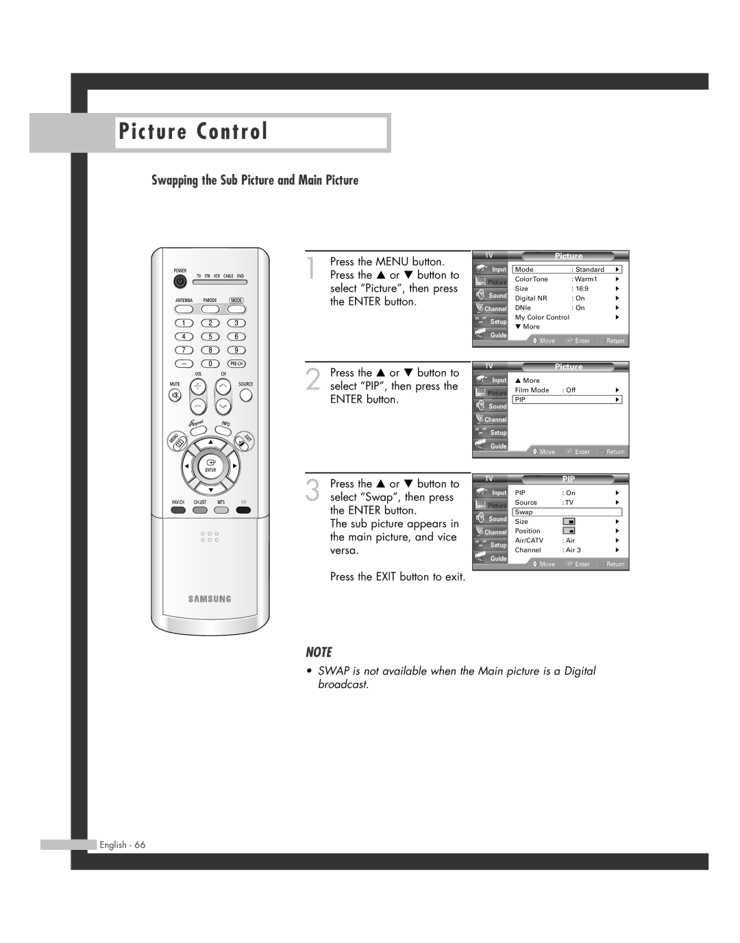 Samsung SP50L7HD manual Swapping the Sub Picture and Main Picture 