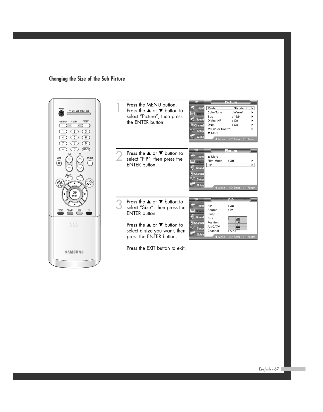 Samsung SP50L7HD manual Changing the Size of the Sub Picture 