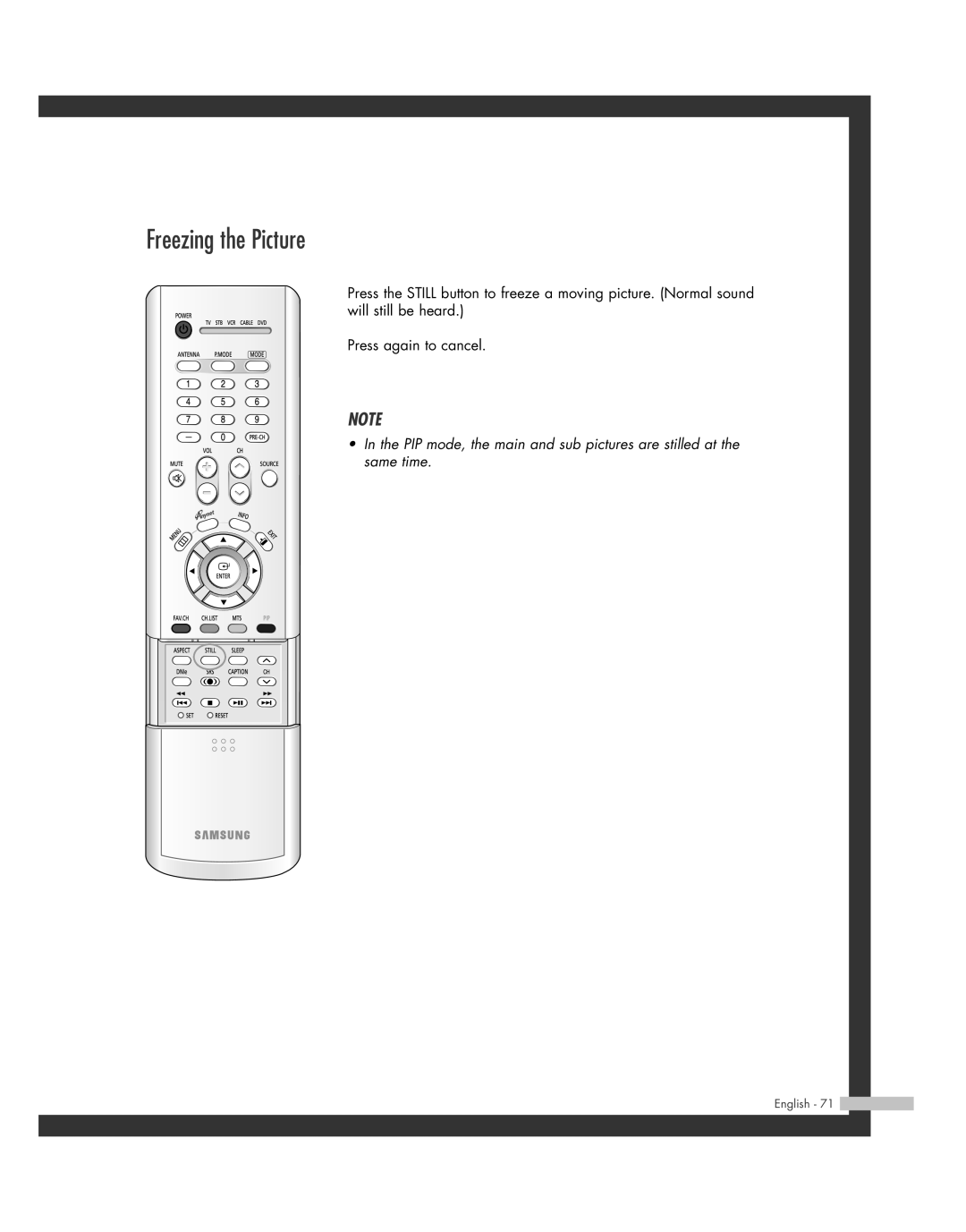 Samsung SP50L7HD manual Freezing the Picture 