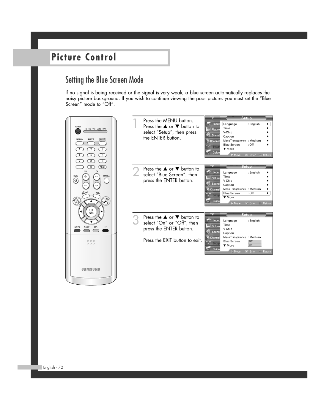 Samsung SP50L7HD manual Setting the Blue Screen Mode, Setup 