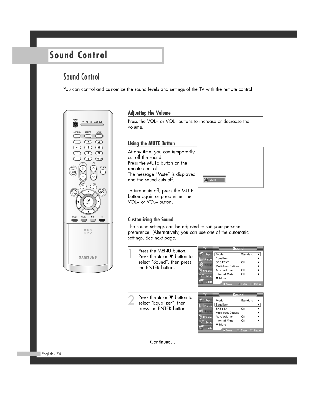 Samsung SP50L7HD manual Sound Control, Adjusting the Volume, Using the Mute Button, Customizing the Sound 