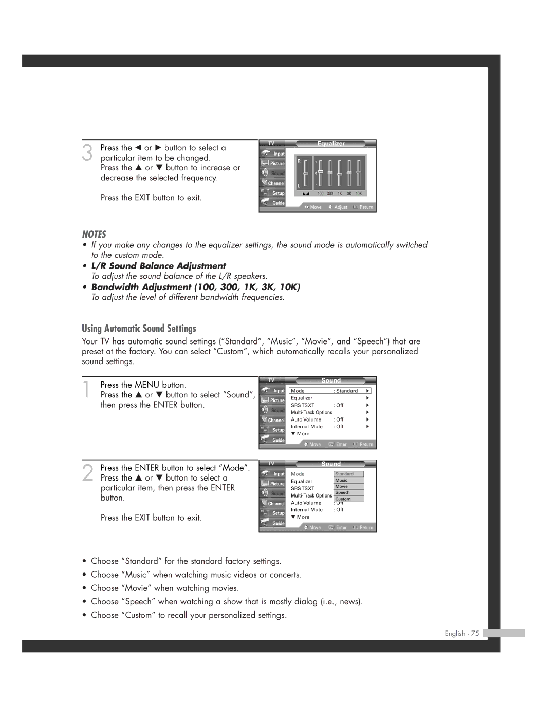 Samsung SP50L7HD manual Using Automatic Sound Settings, Equalizer 