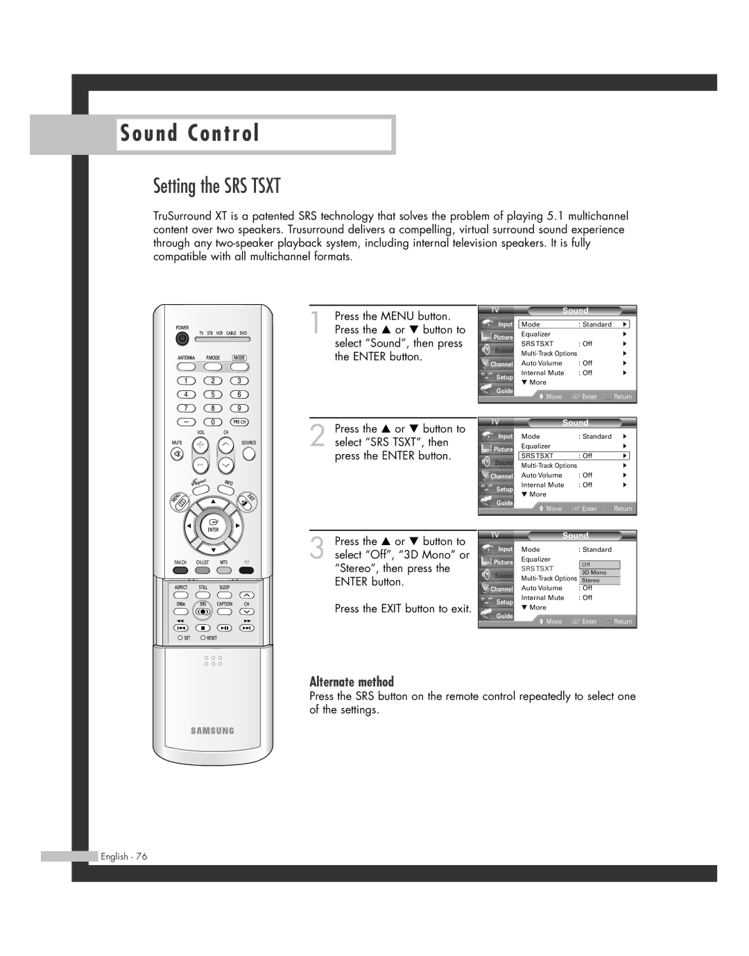 Samsung SP50L7HD manual Setting the SRS Tsxt, Alternate method 