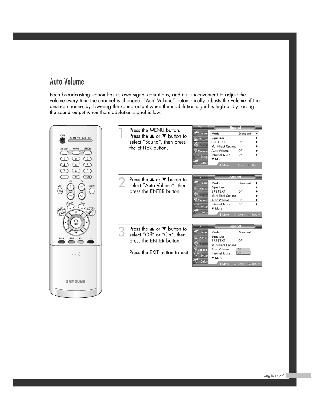 Samsung SP50L7HD manual Auto Volume 