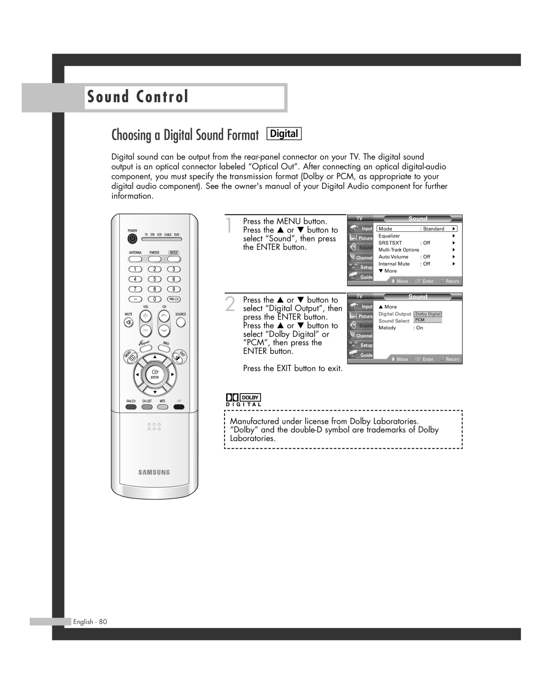 Samsung SP50L7HD manual Choosing a Digital Sound Format 