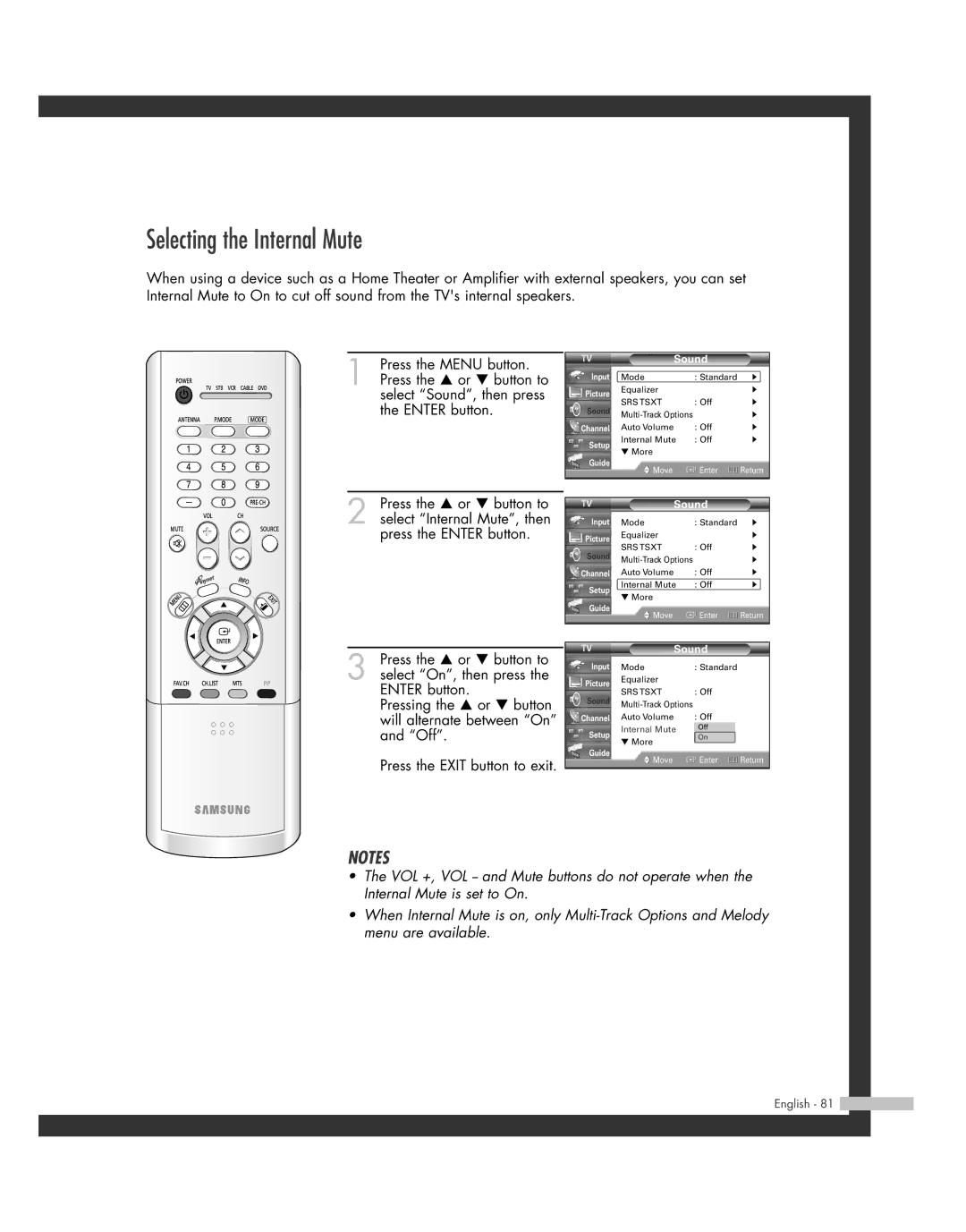 Samsung SP50L7HD manual Selecting the Internal Mute 