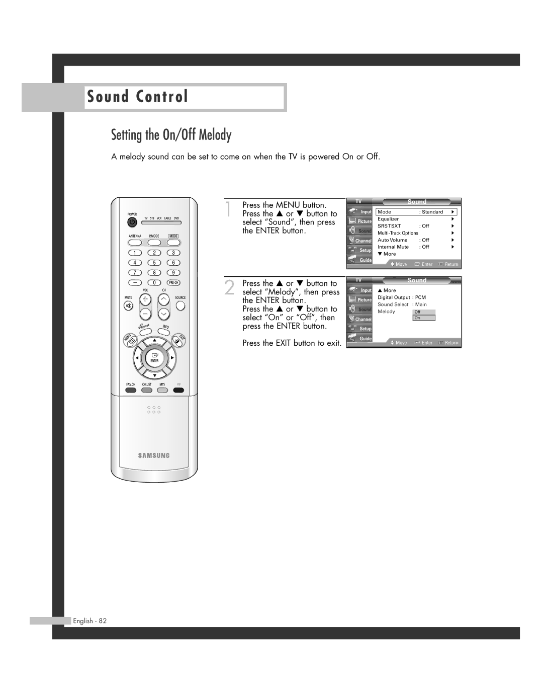 Samsung SP50L7HD manual Setting the On/Off Melody 