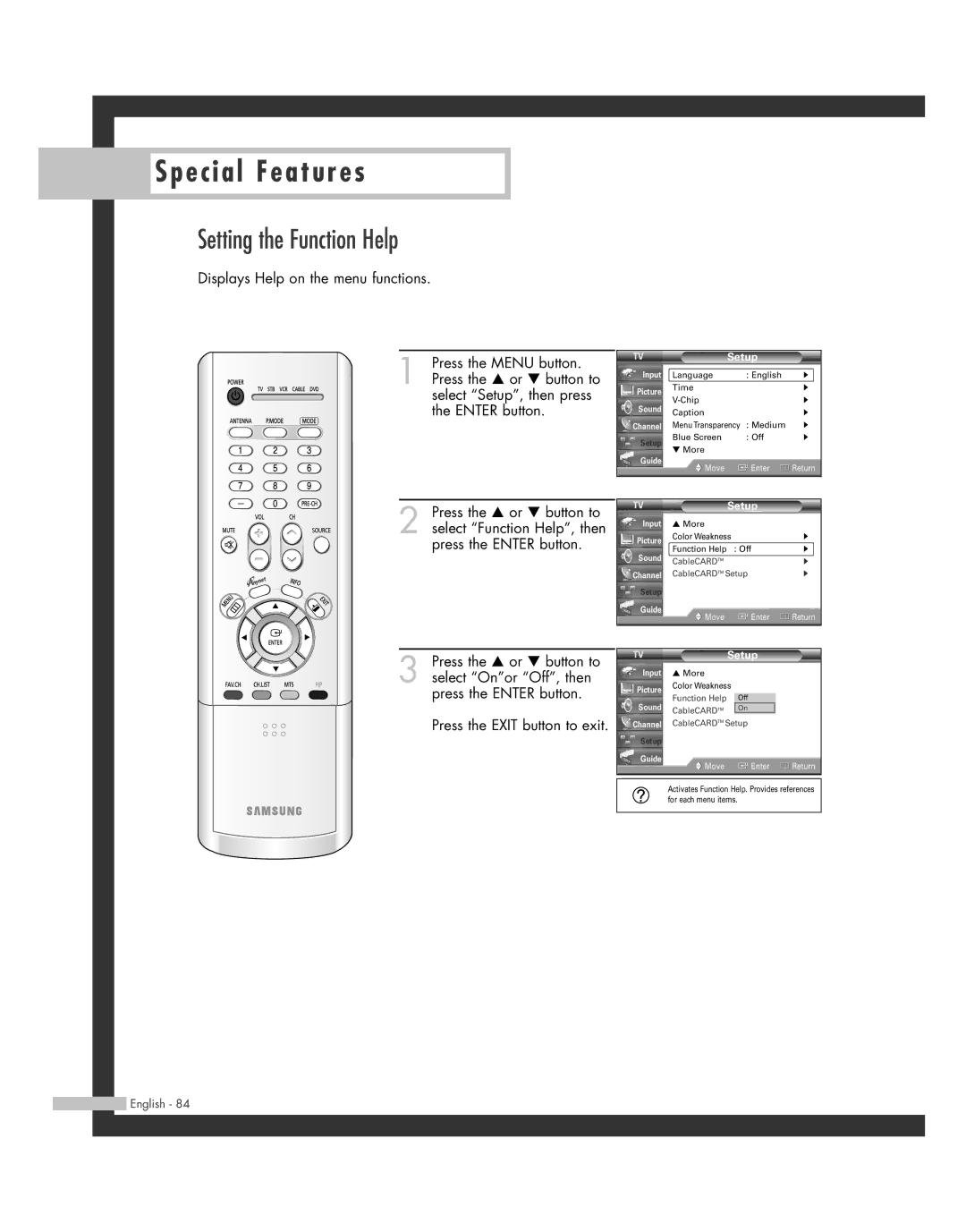 Samsung SP50L7HD manual Special Features, Setting the Function Help 