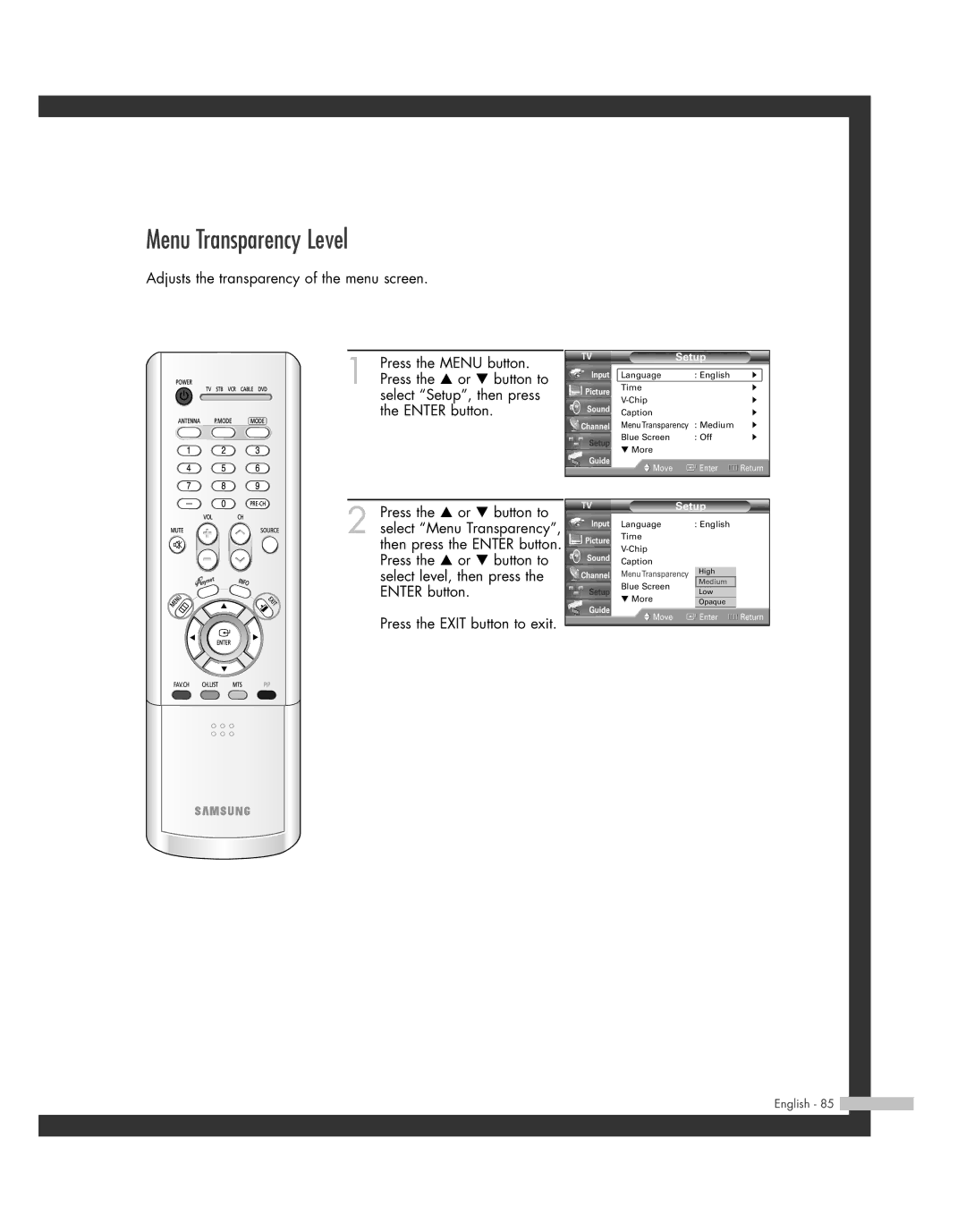 Samsung SP50L7HD manual Menu Transparency Level 