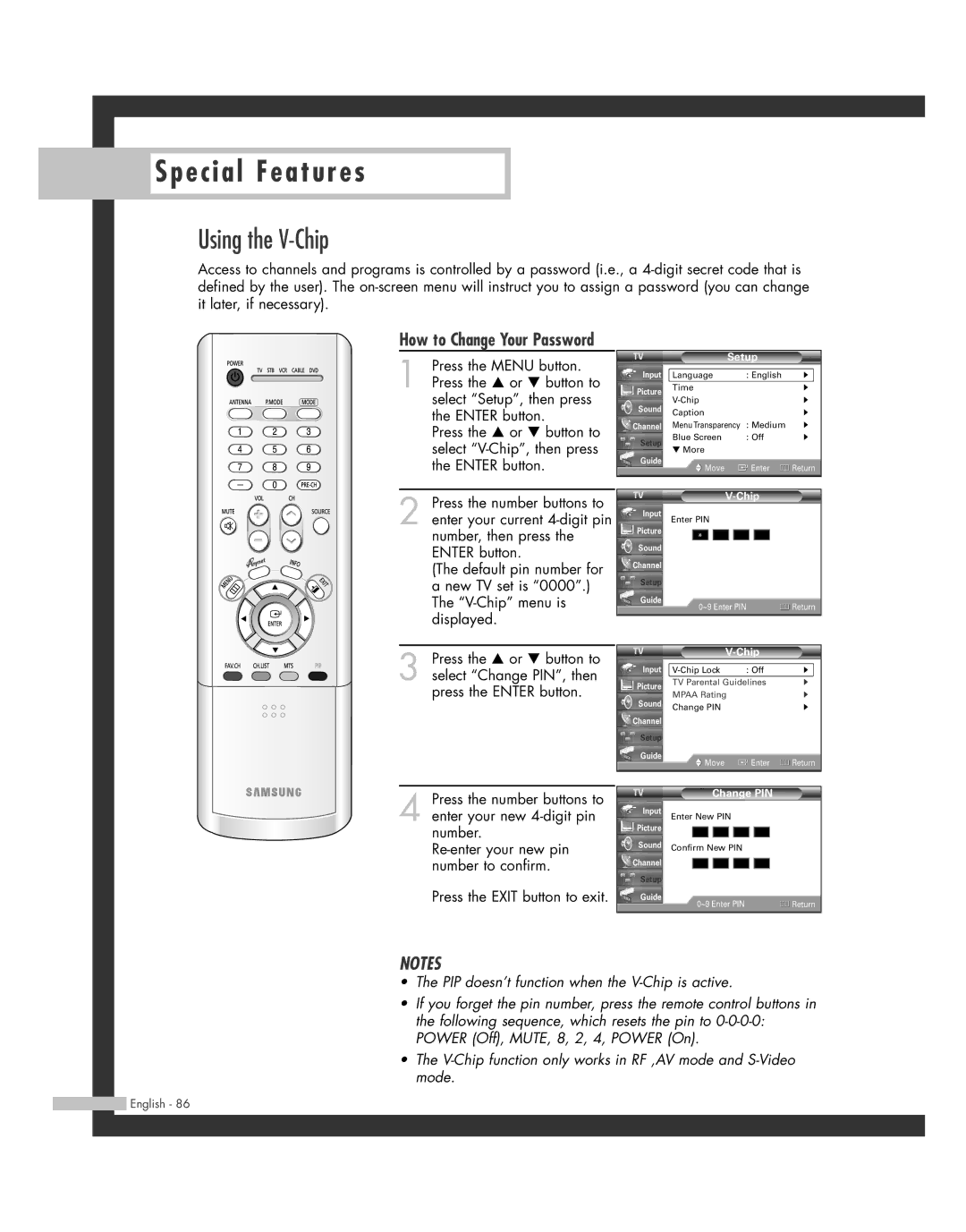 Samsung SP50L7HD manual Using the V-Chip, Change PIN 