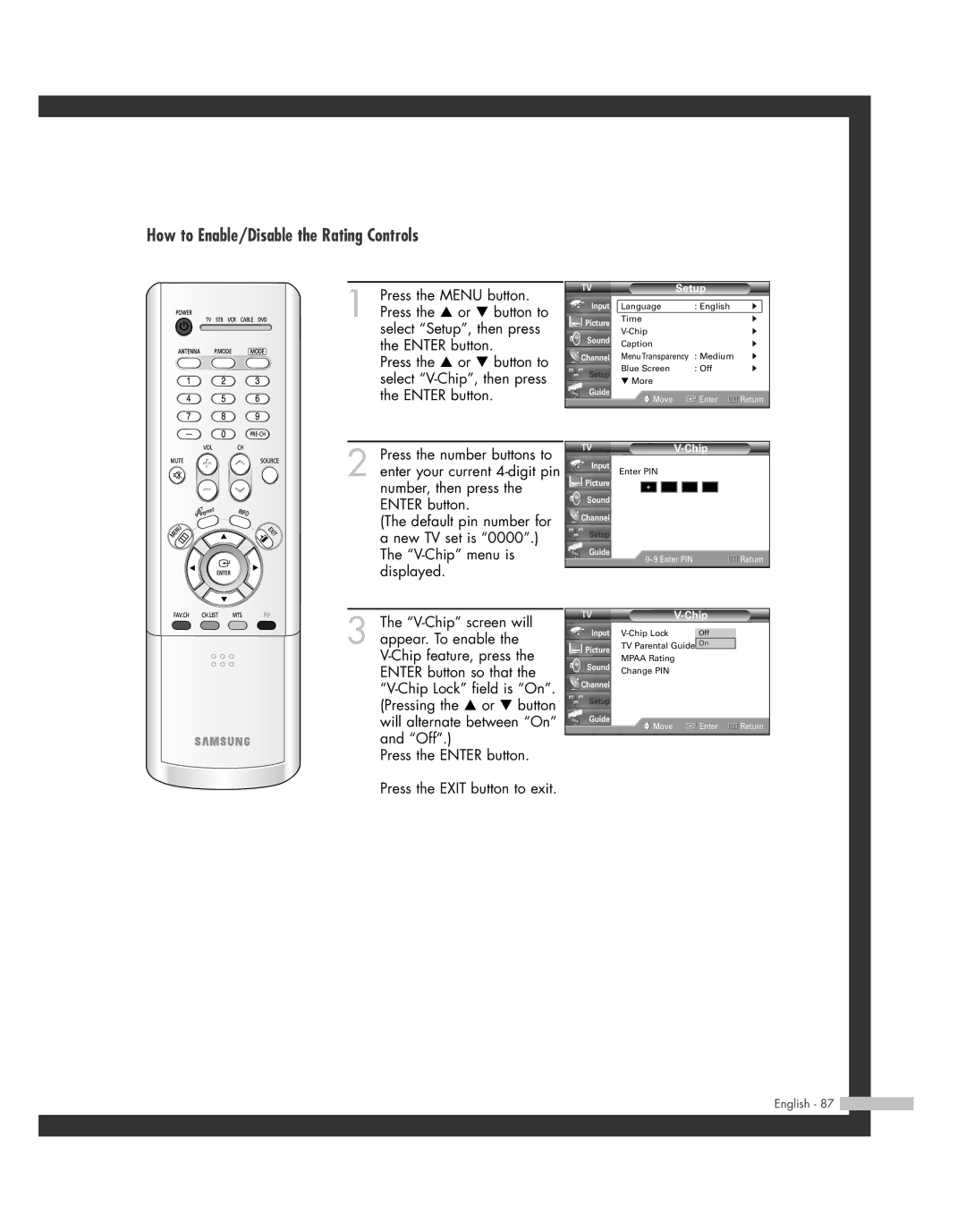 Samsung SP50L7HD manual How to Enable/Disable the Rating Controls 