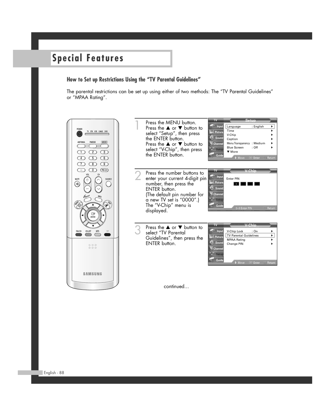 Samsung SP50L7HD manual How to Set up Restrictions Using the TV Parental Guidelines 