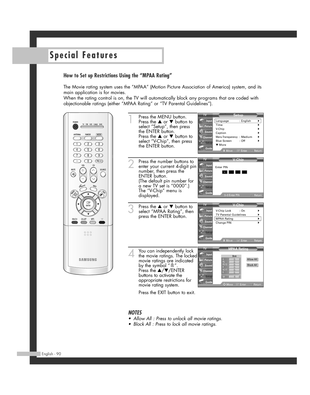 Samsung SP50L7HD manual How to Set up Restrictions Using the Mpaa Rating 