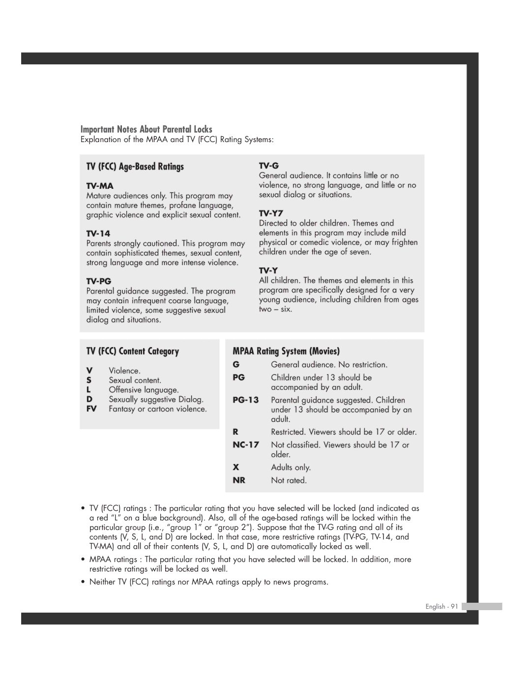 Samsung SP50L7HD manual Important Notes About Parental Locks, TV FCC Age-Based Ratings 