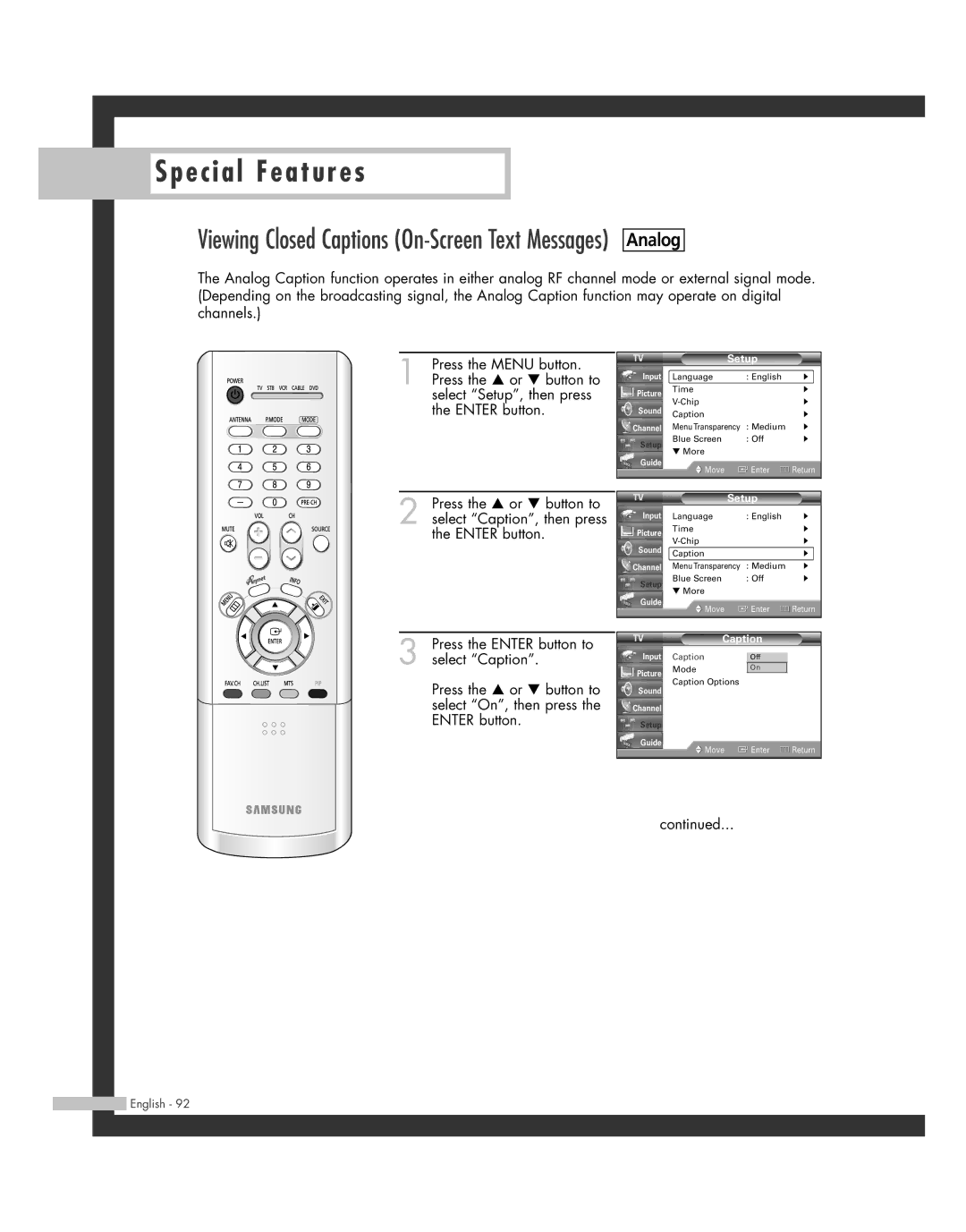 Samsung SP50L7HD manual Caption 