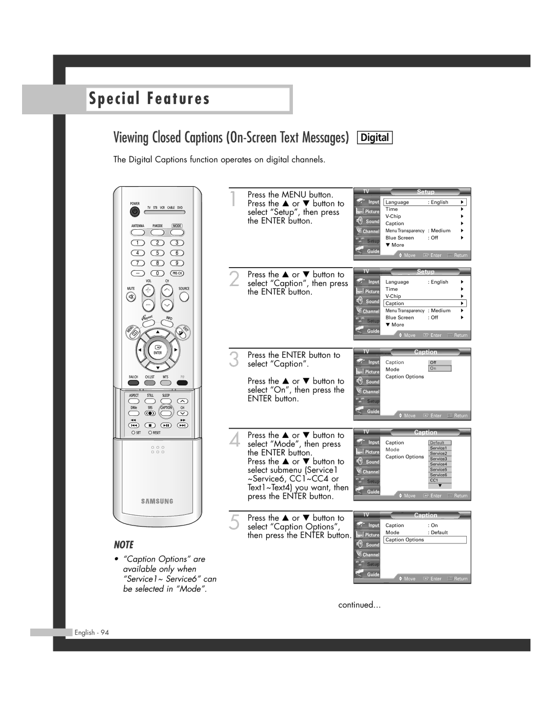 Samsung SP50L7HD manual Mode Default Caption Options 