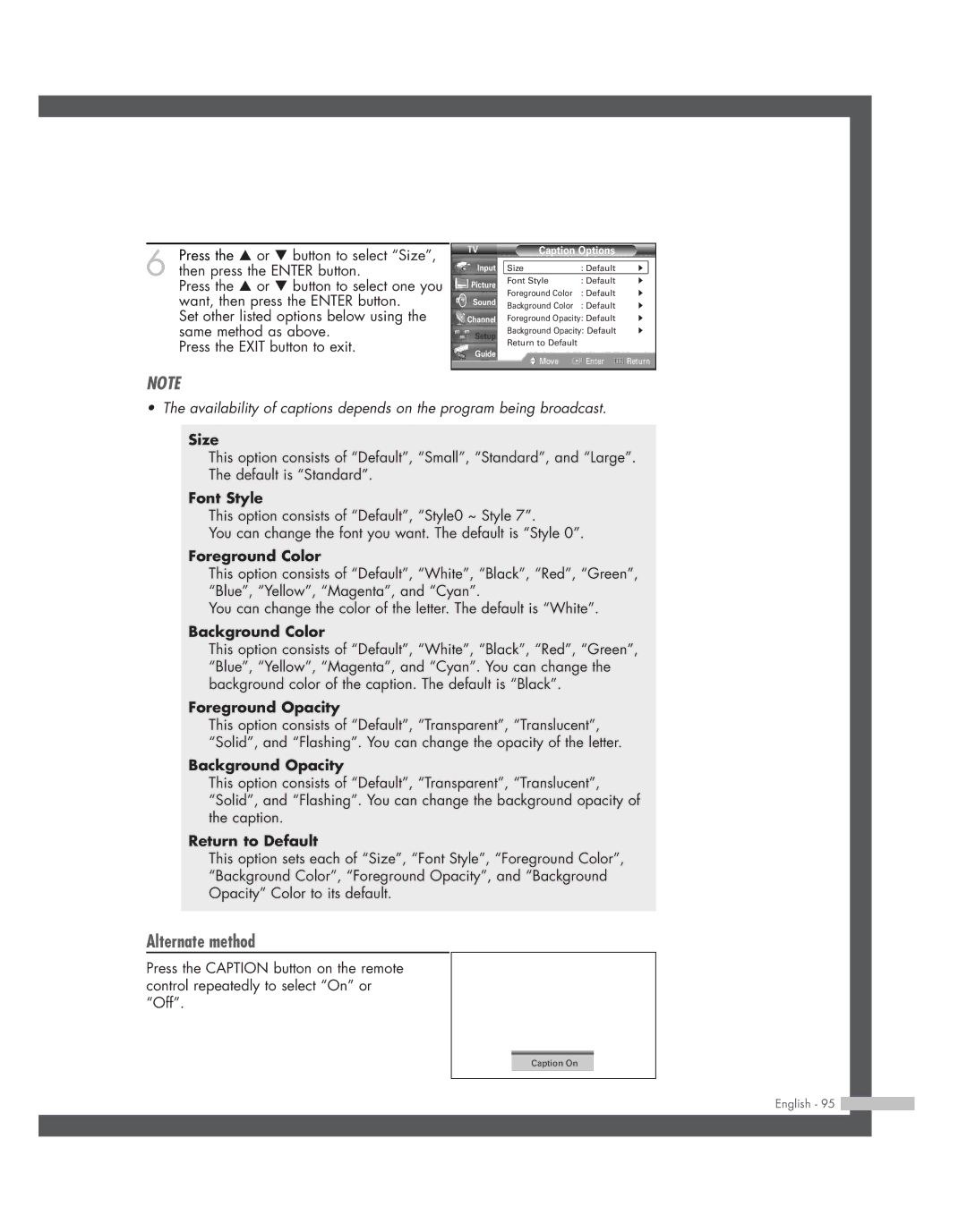 Samsung SP50L7HD manual Font Style, Caption Options 