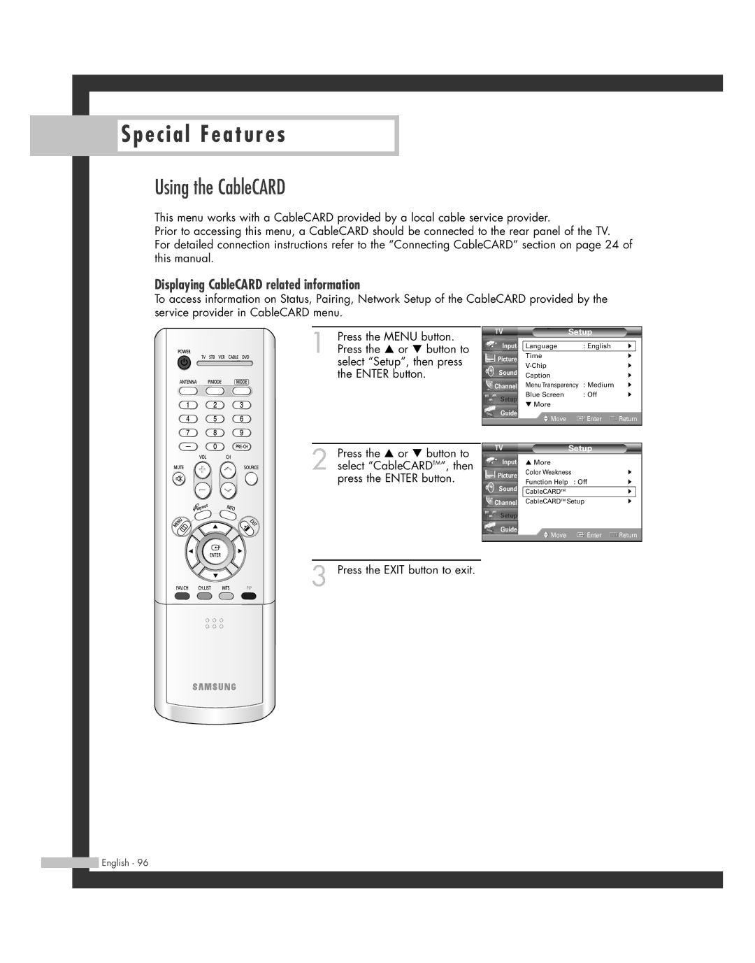 Samsung SP50L7HD manual Using the CableCARD, Displaying CableCARD related information 