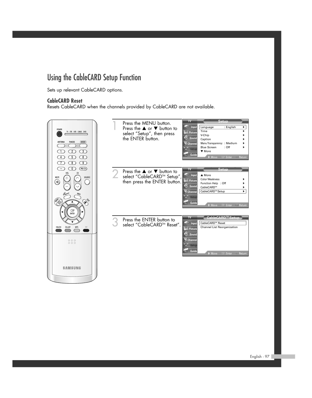 Samsung SP50L7HD manual Using the CableCARD Setup Function, CableCARD Reset, CableCARDTM Setup 