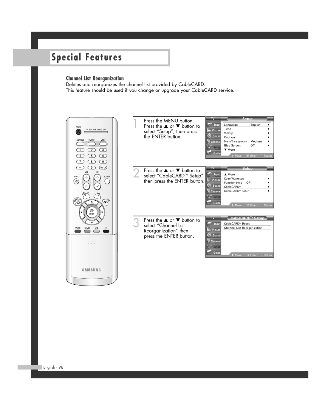 Samsung SP50L7HD manual Channel List Reorganization 