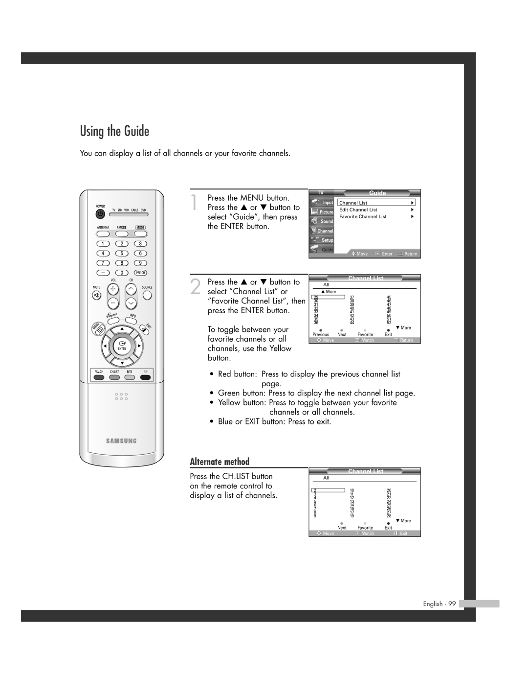 Samsung SP50L7HD manual Using the Guide, Channel List 