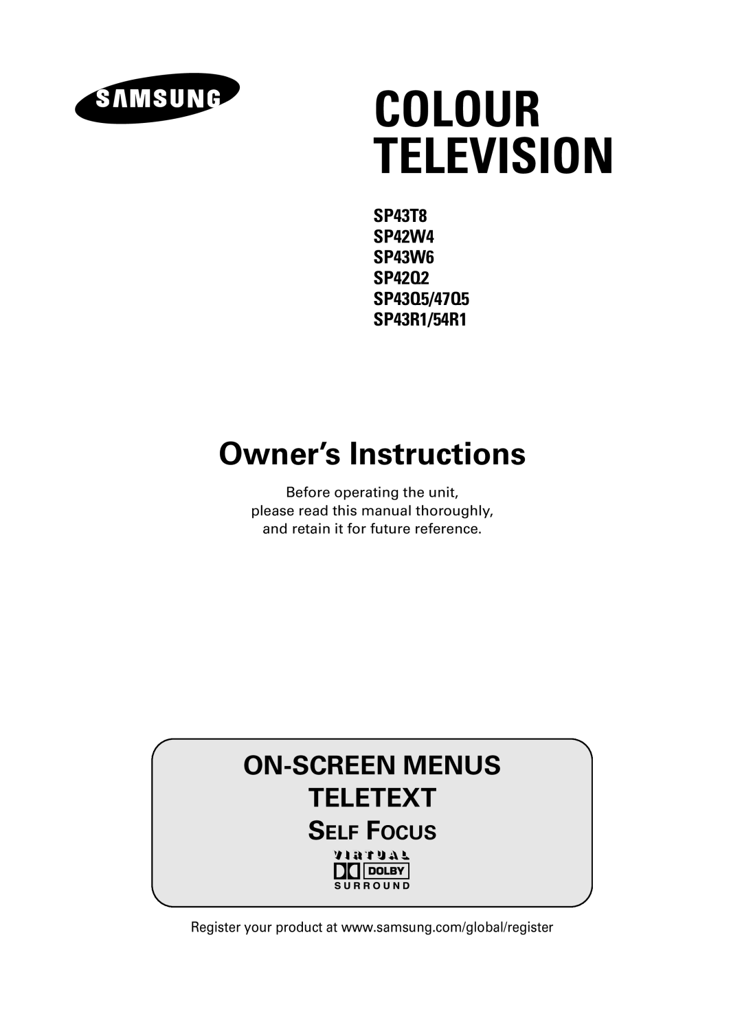 Samsung SP47Q5, SP54R1, SP43R1 manual Colour Television 