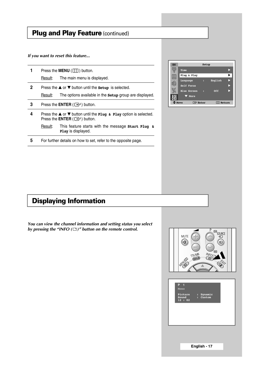 Samsung SP43R1, SP54R1, SP47Q5 manual Displaying Information, If you want to reset this feature 