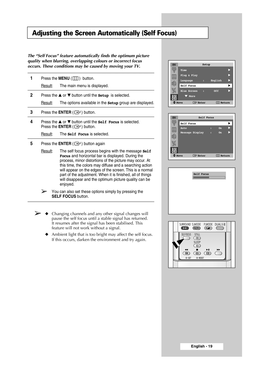 Samsung SP47Q5, SP54R1, SP43R1 manual Adjusting the Screen Automatically Self Focus 