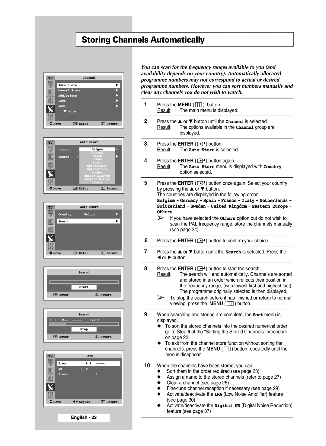 Samsung SP47Q5, SP54R1, SP43R1 manual Storing Channels Automatically, Press the Menu button Result The main menu is displayed 